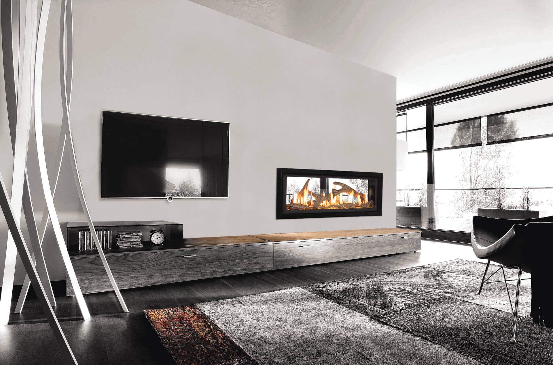 Large inbuilt wood heater in modern living room next to TV